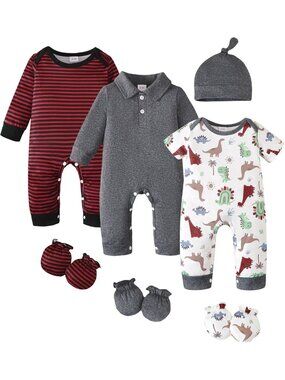 Newborn Essential Preemie Baby Boy Outfit Set - Romper, Hat & Mittens, 10 Pcs